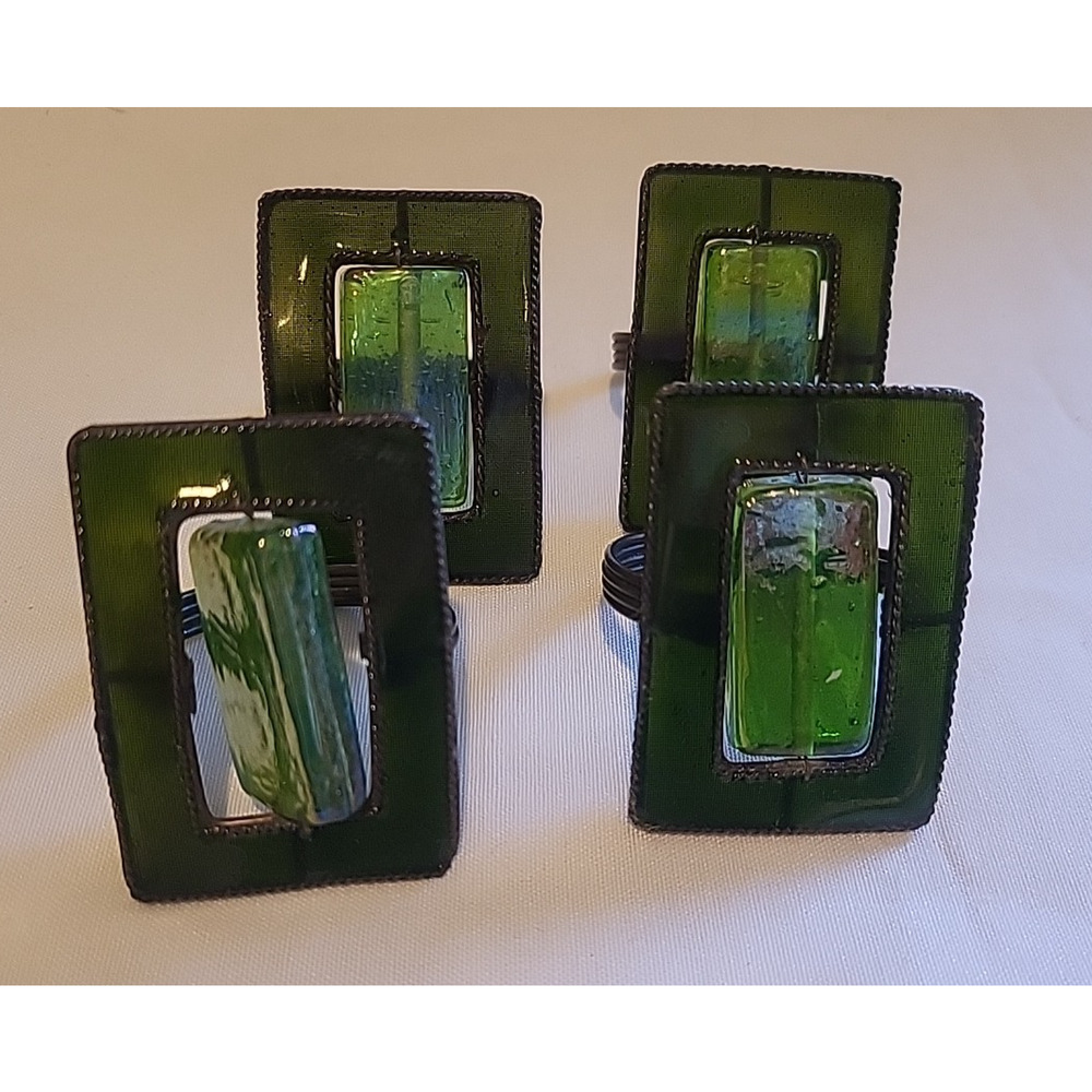 Set of 4 Italian green stained glass black articulated napkin rings Artsy